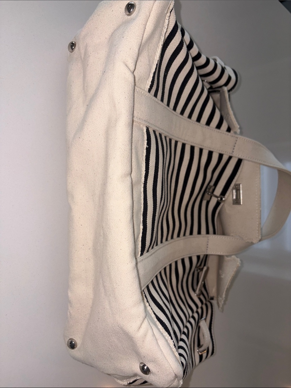Sunwin Madaket Large Striped Canvas Tote Bag Black White Silver Hardware - Picture 7 of 8